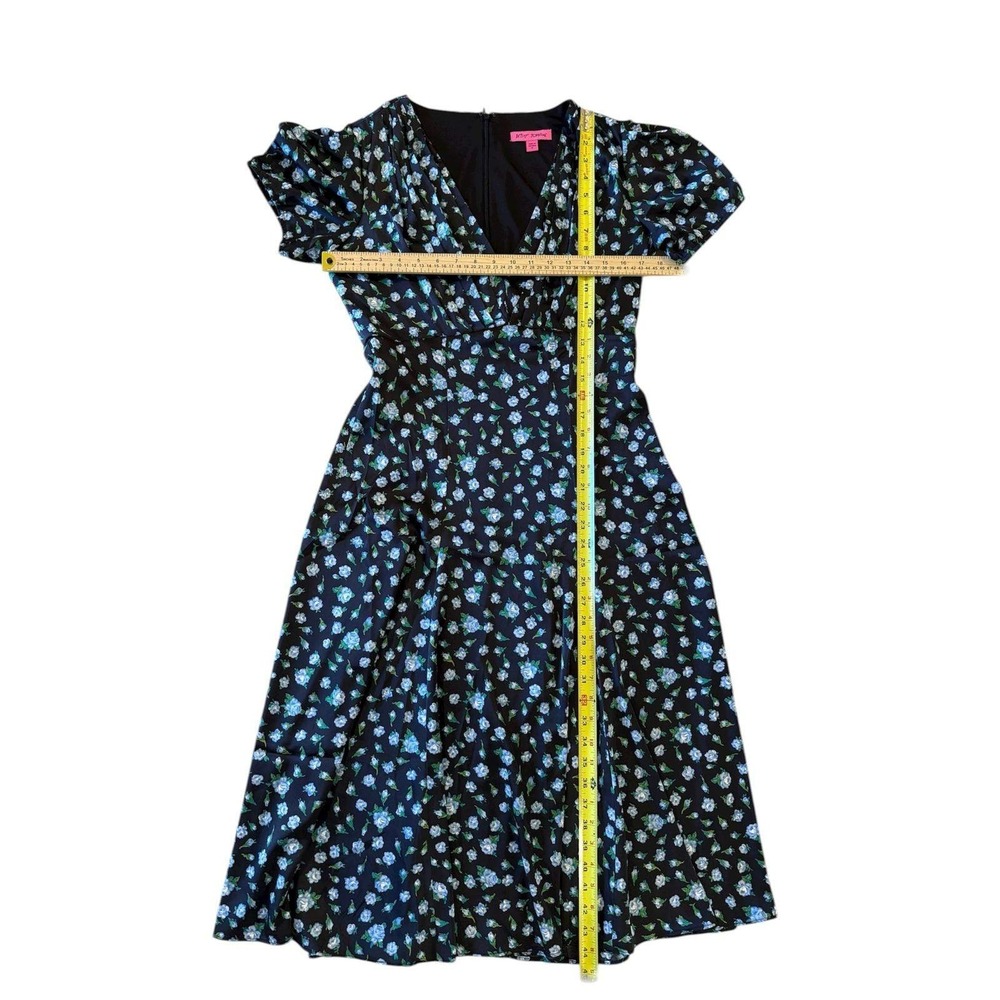 Betsey Johnson Black Blue Floral V-Neck Puff Sleeve Midi Dress Size‎ 6 - Picture 5 of 6